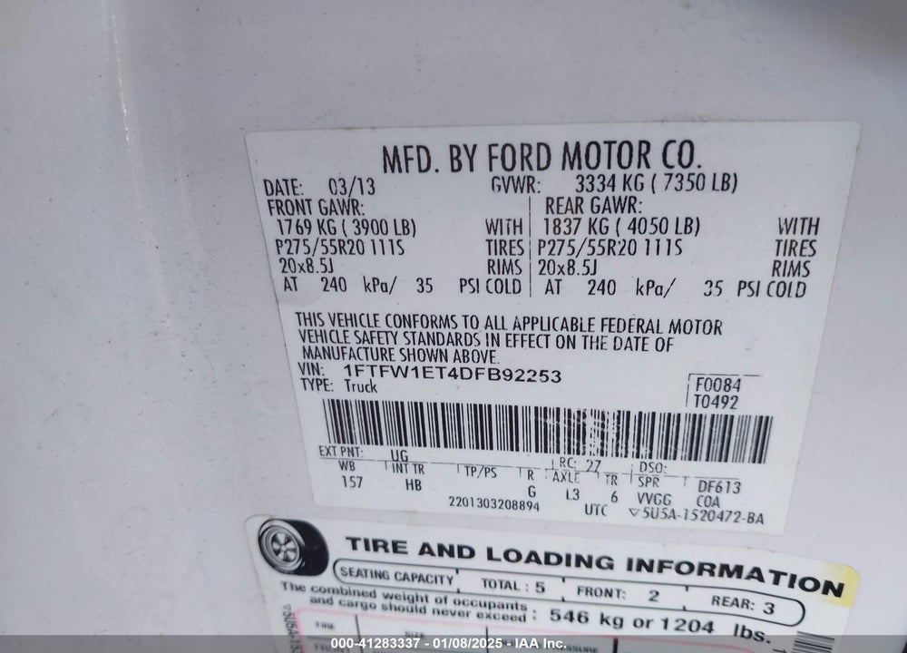 2013 FORD F-150 LARIAT VIN: 1FTFW1ET4DFB92253