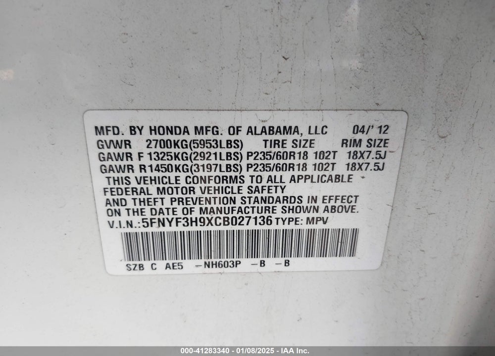 2012 HONDA PILOT TOURING VIN: 5FNYF3H9XCB027136