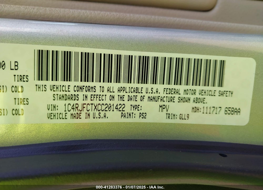 2012 JEEP GRAND CHEROKEE OVERLAND VIN: 1C4RJFCTXCC201422
