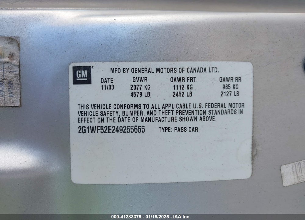 2004 CHEVROLET IMPALA VIN: 2G1WF52E249255655