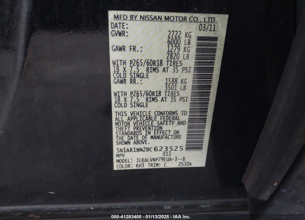 2011 NISSAN PATHFINDER LE VIN: 5N1AR1NN2BC623525