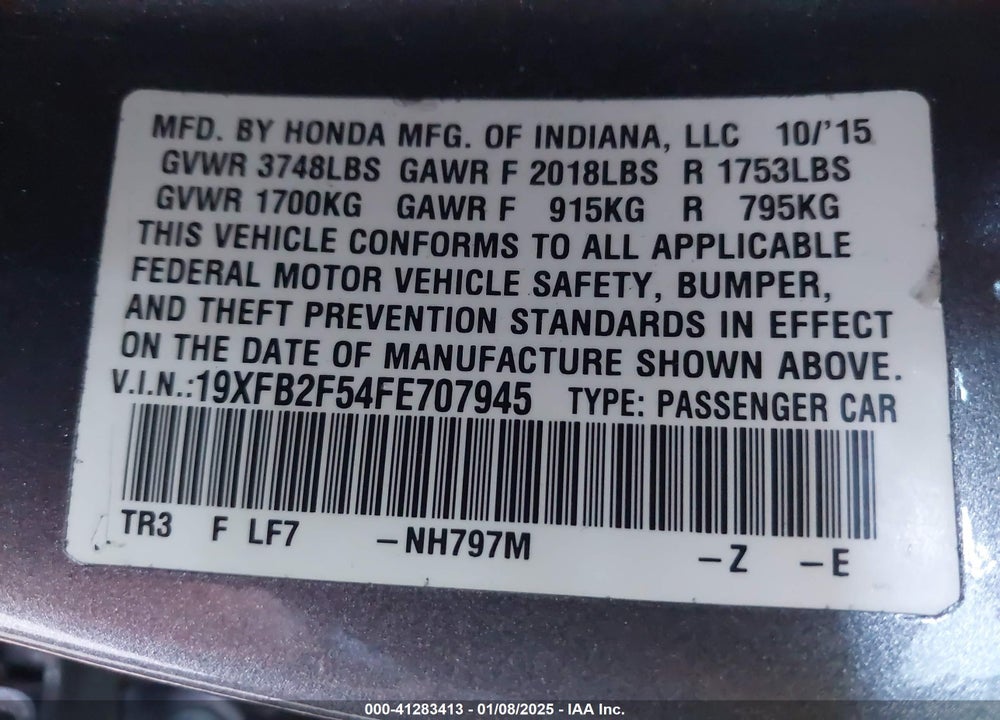 2015 HONDA CIVIC VIN: 19XFB2F54FE707945