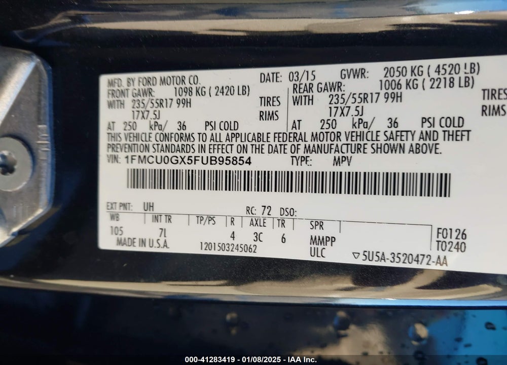 2015 FORD ESCAPE SE VIN: 1FMCU0GX5FUB95854