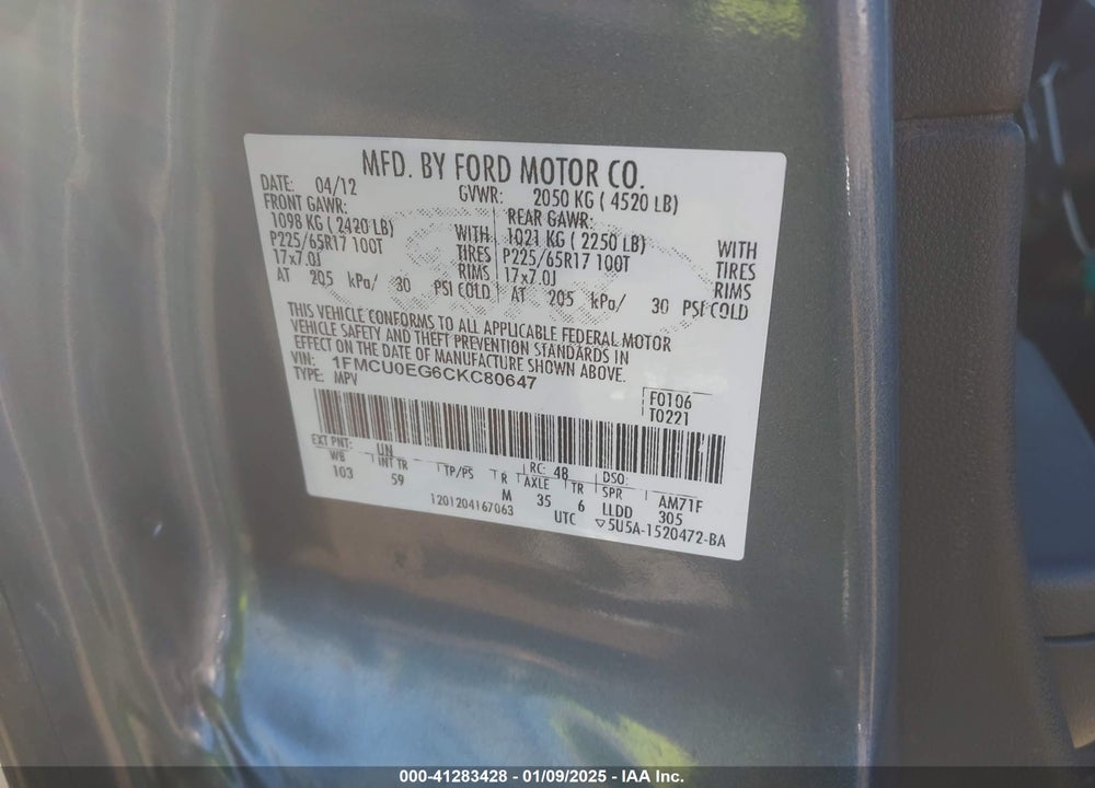 2012 FORD ESCAPE LIMITED VIN: 1FMCU0EG6CKC80647