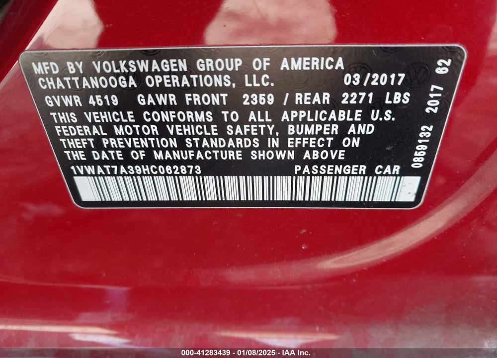 2017 VOLKSWAGEN PASSAT VIN: 1VWAT7A39HC062873