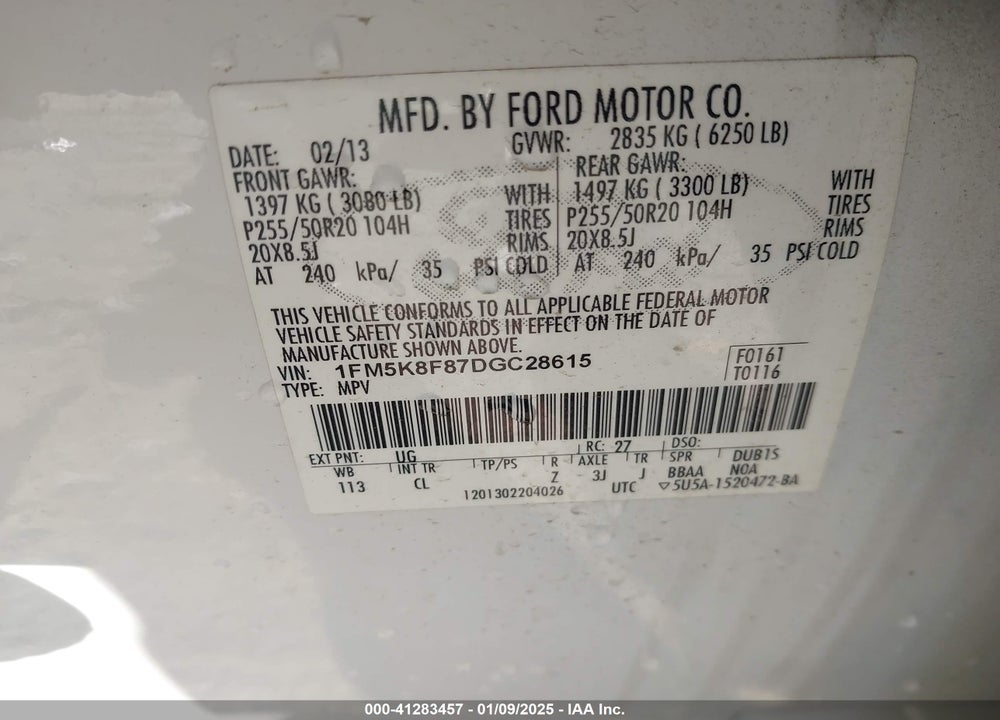 2013 FORD EXPLORER LIMITED VIN: 1FM5K8F87DGC28615