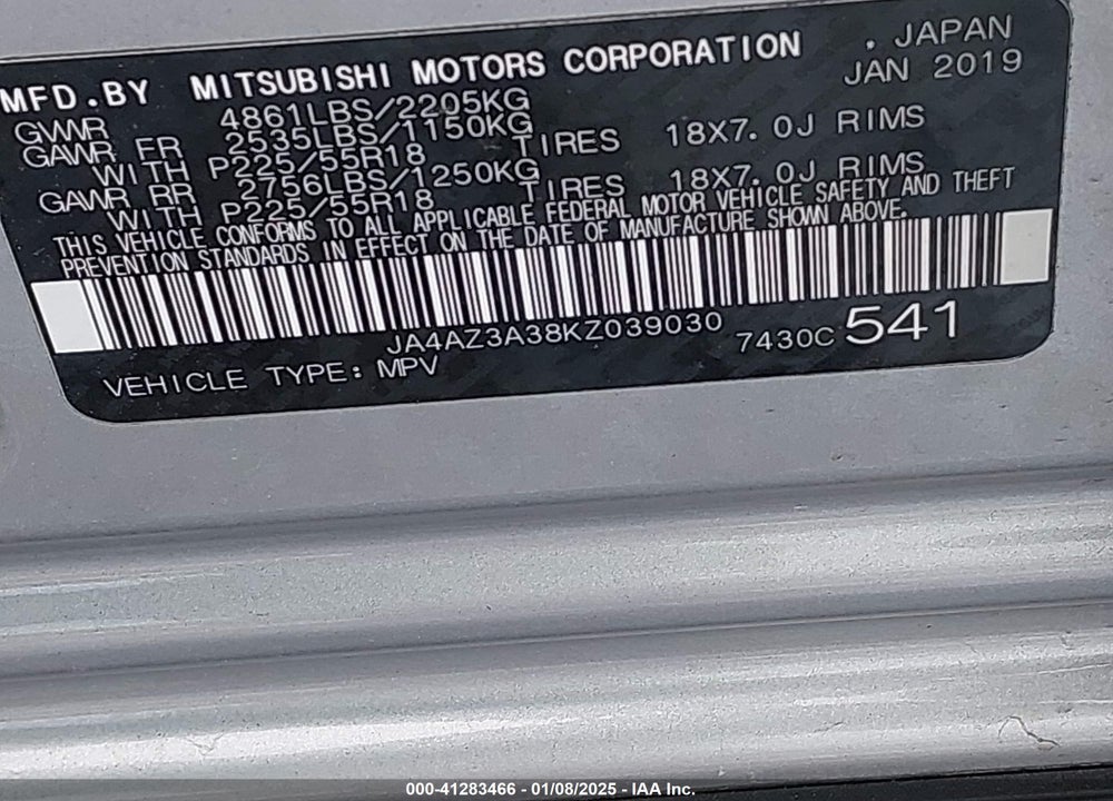 2019 MITSUBISHI OUTLANDER SEL VIN: JA4AZ3A38KZ039030