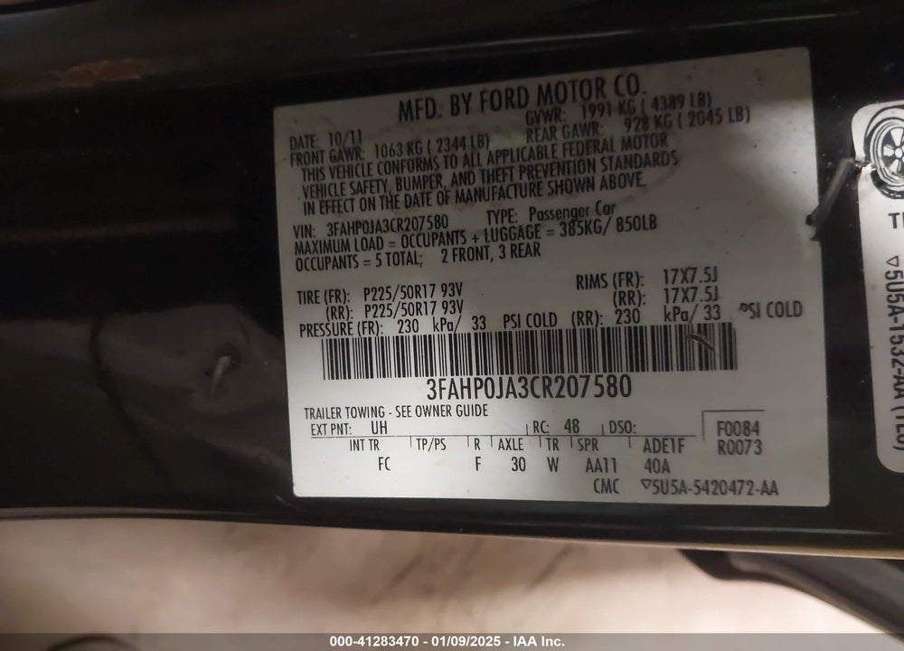 2012 FORD FUSION VIN: 3FAHP0JA3CR207580