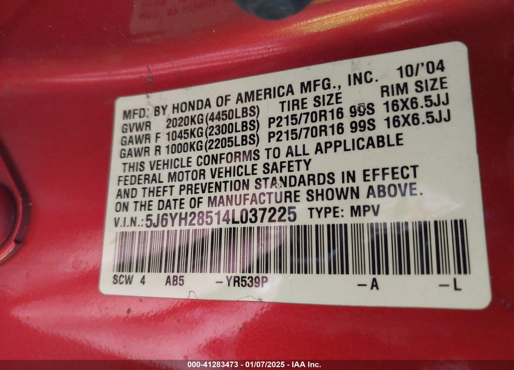 2004 HONDA ELEMENT EX VIN: 5J6YH28514L037225