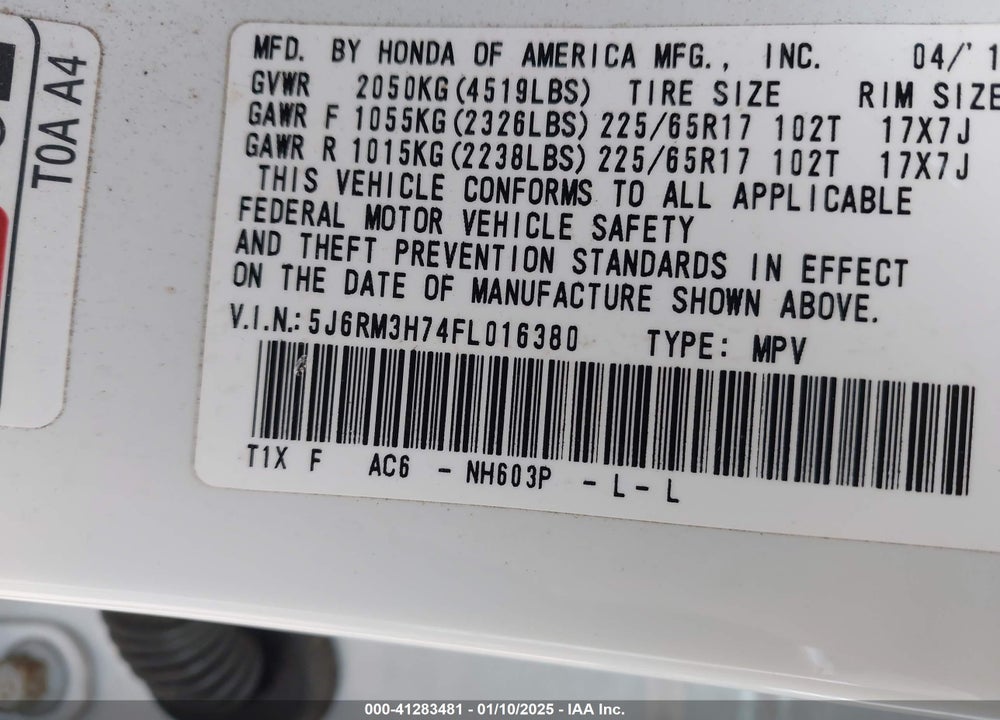 2015 HONDA CR-V EX-L VIN: 5J6RM3H74FL016380