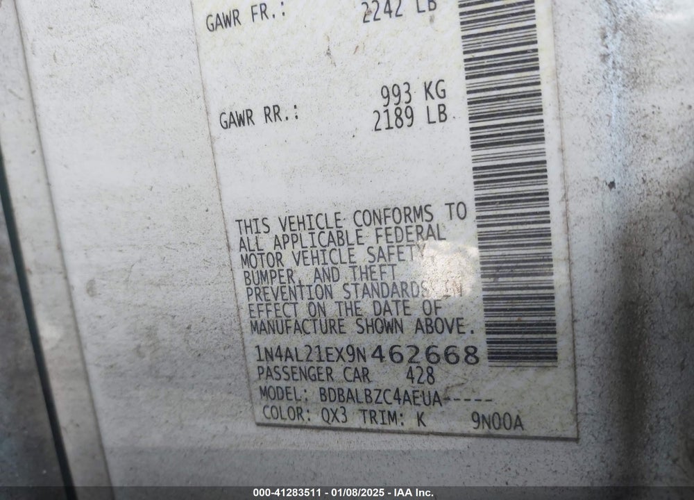 2009 NISSAN ALTIMA VIN: 1N4AL21EX9N462668