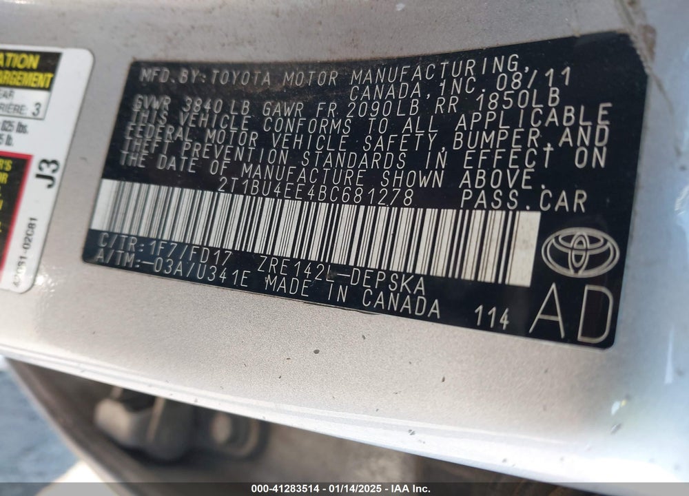 2011 TOYOTA COROLLA VIN: 2T1BU4EE4BC681278