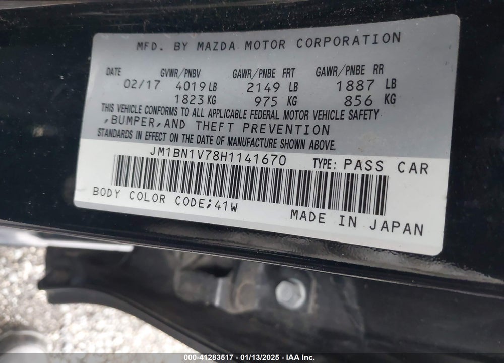 2017 MAZDA 3 VIN: JM1BN1V78H1141670