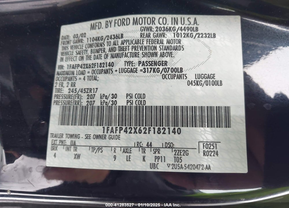 2002 FORD MUSTANG GT VIN: 1FAFP42X62F182140