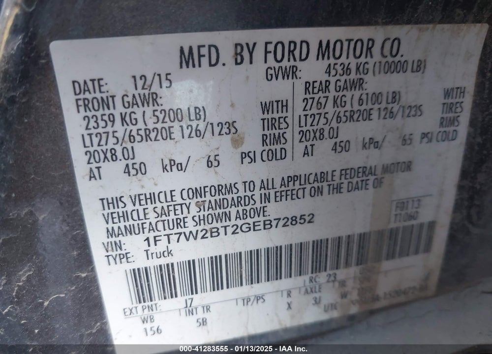 2016 FORD F-250 VIN: 1FT7W2BT2GEB72852