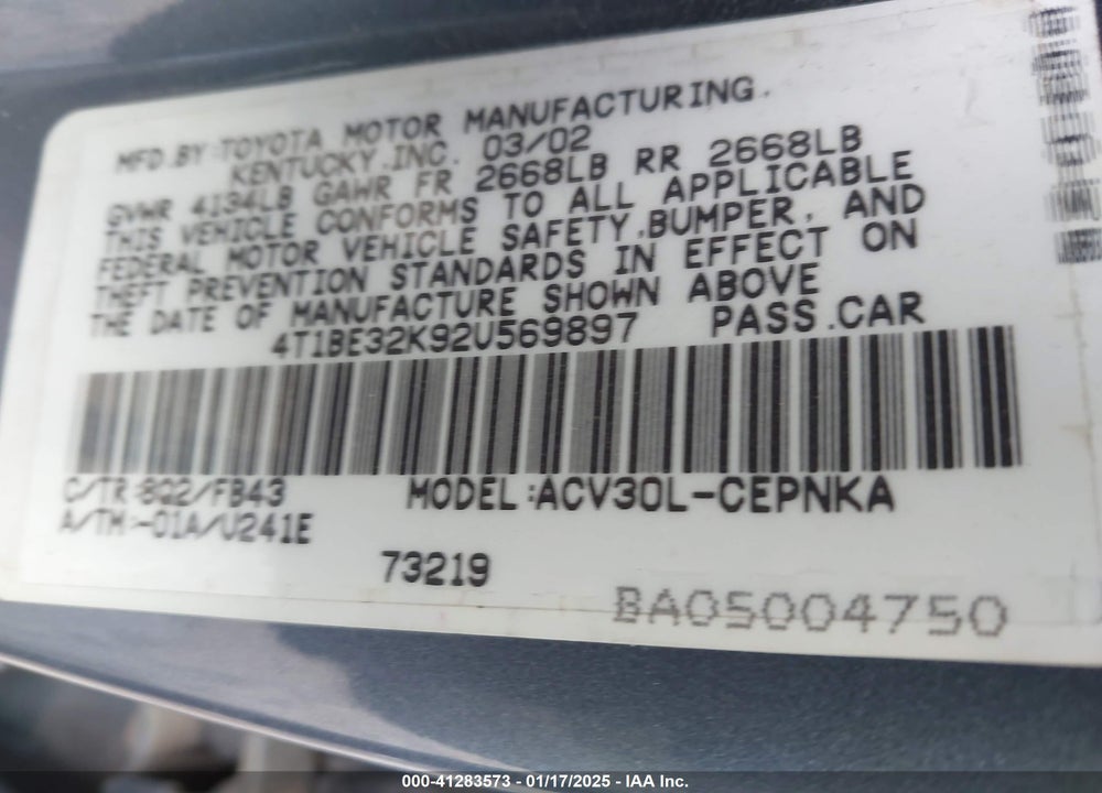 2002 TOYOTA CAMRY LE VIN: 4T1BE32K92U569897