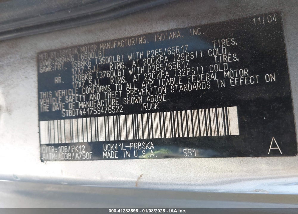 2005 TOYOTA TUNDRA SR5 V8 VIN: 5TBDT44175S476522