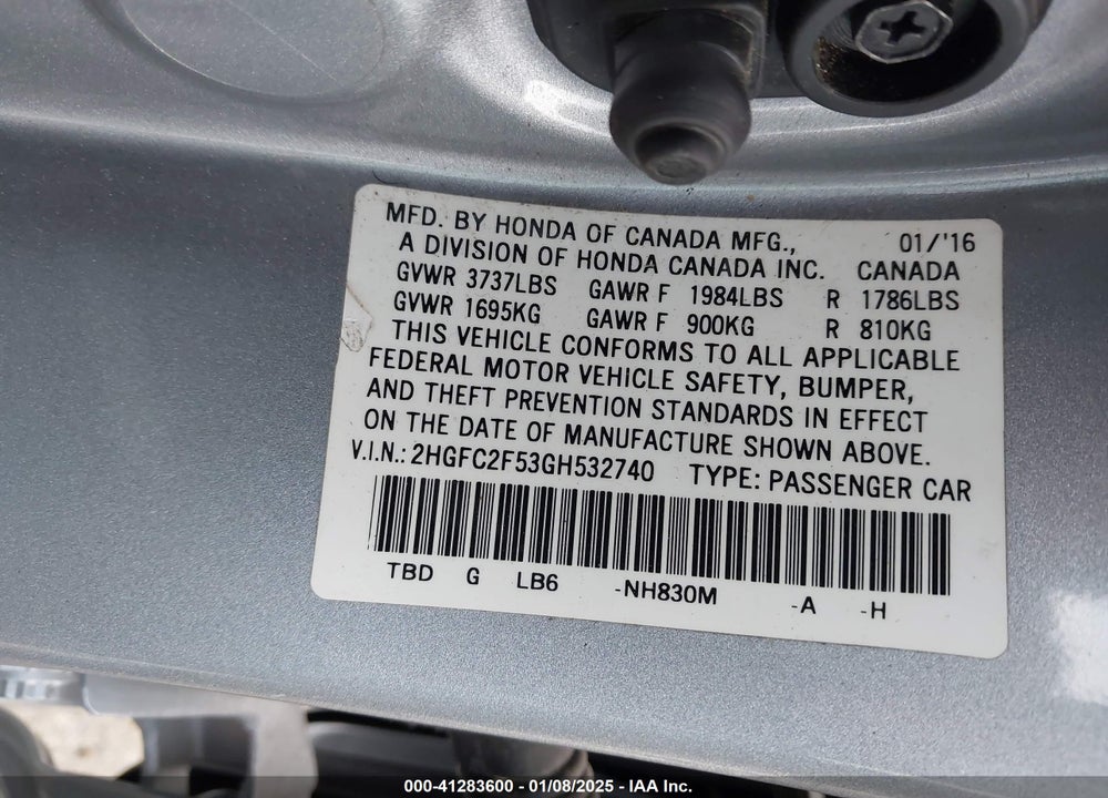 2016 HONDA CIVIC VIN: 2HGFC2F53GH532740