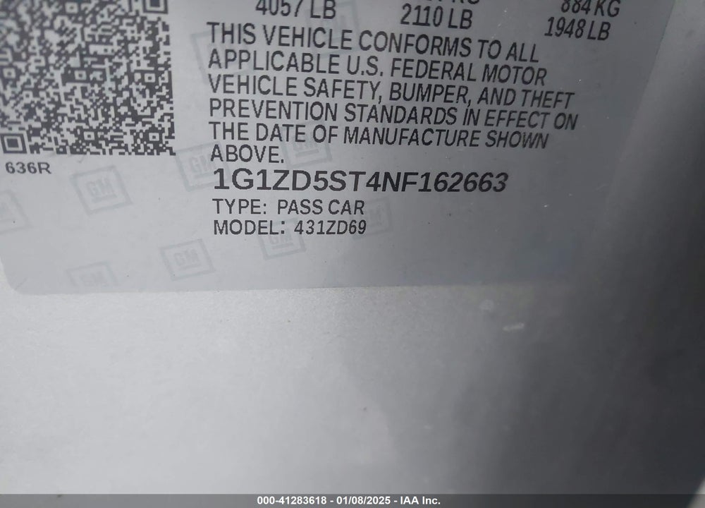 2022 CHEVROLET MALIBU FWD LT VIN: 1G1ZD5ST4NF162663