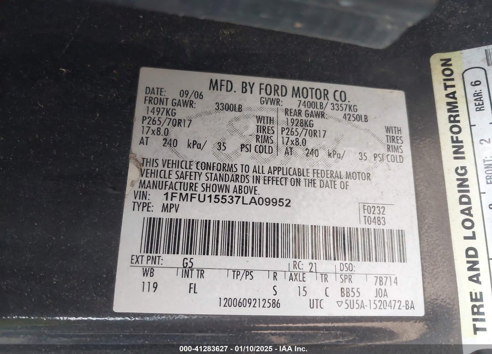 2007 FORD EXPEDITION XLT VIN: 1FMFU15537LA09952