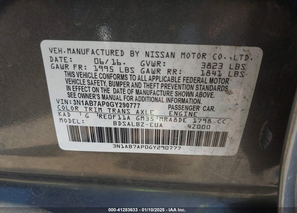 2016 NISSAN SENTRA VIN: 3N1AB7AP0GY290777