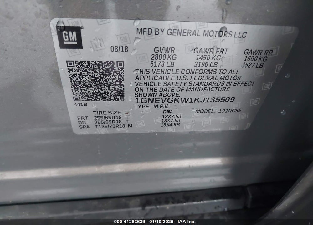 2019 CHEVROLET TRAVERSE VIN: 1GNEVGKW1KJ135509