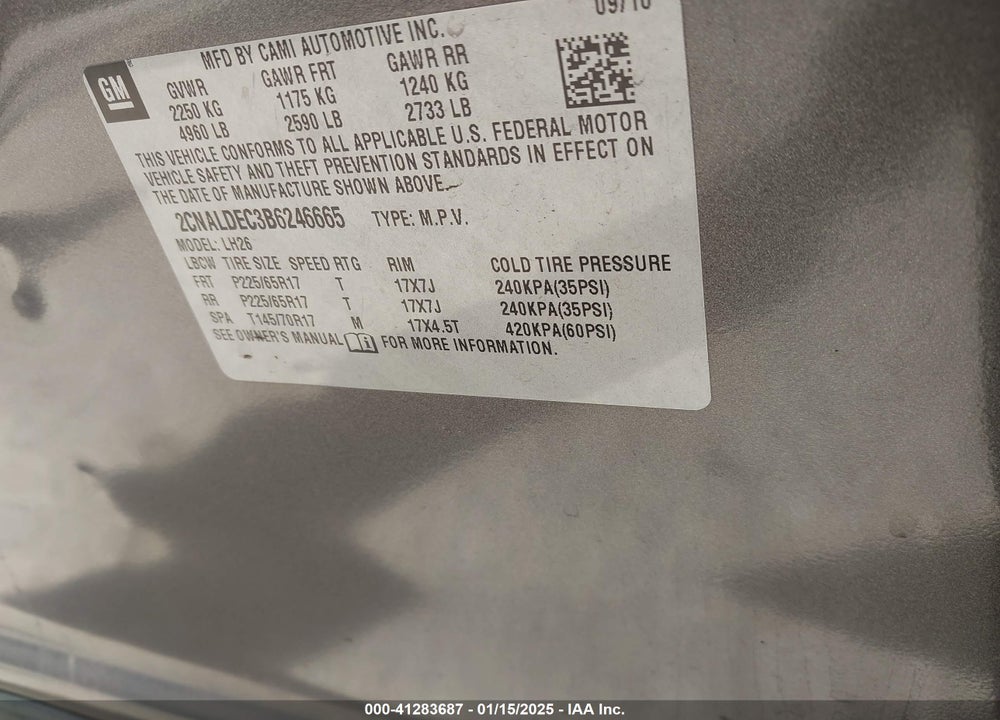 2011 CHEVROLET EQUINOX 1LT VIN: 2CNALDEC3B6246665