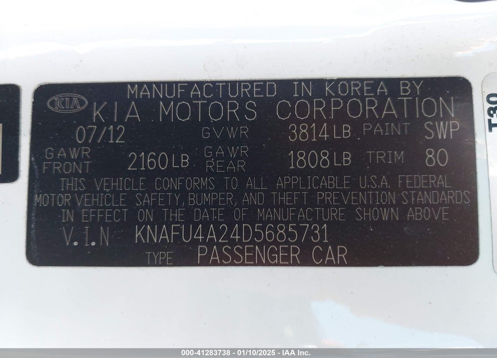 2013 KIA FORTE EX VIN: KNAFU4A24D5685731