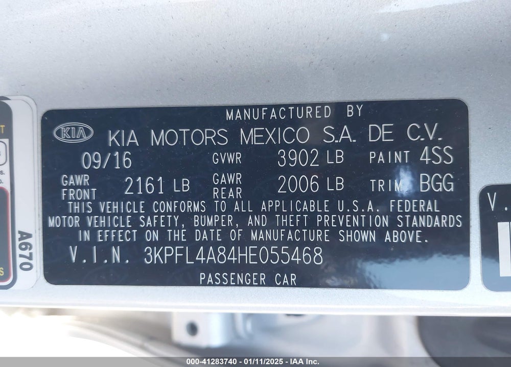 2017 KIA FORTE VIN: 3KPFL4A84HE055468