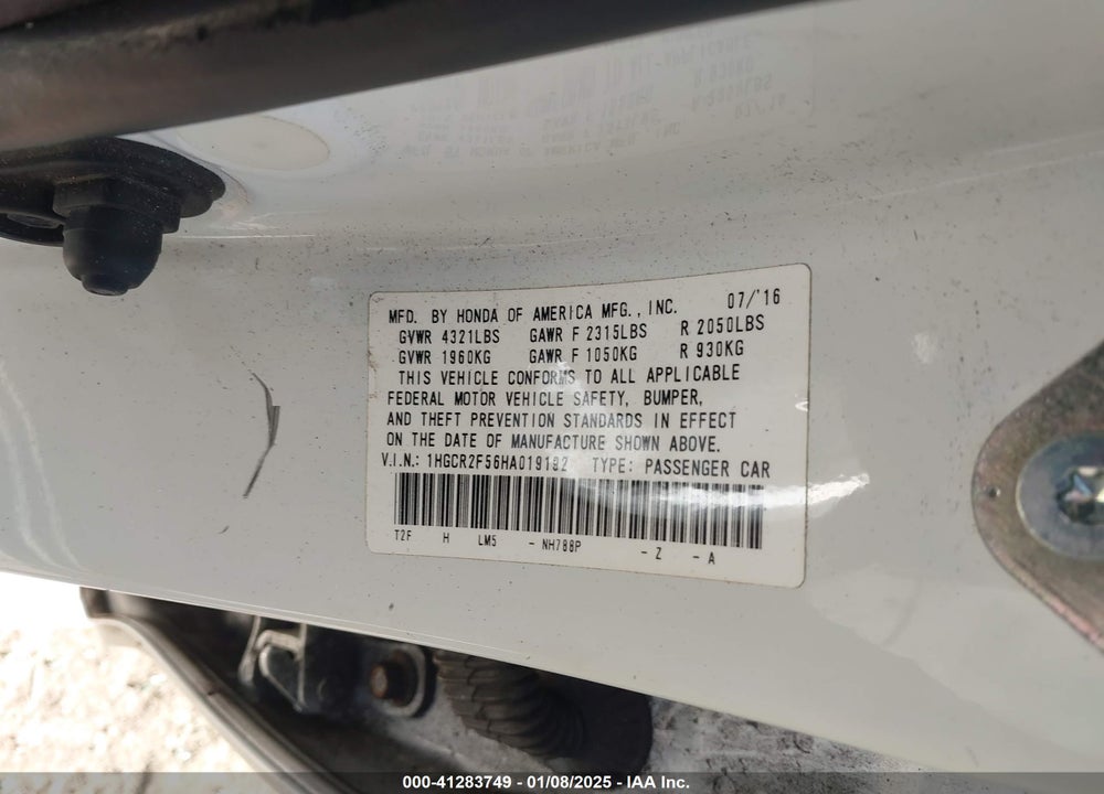 2017 HONDA ACCORD VIN: 1HGCR2F56HA019192