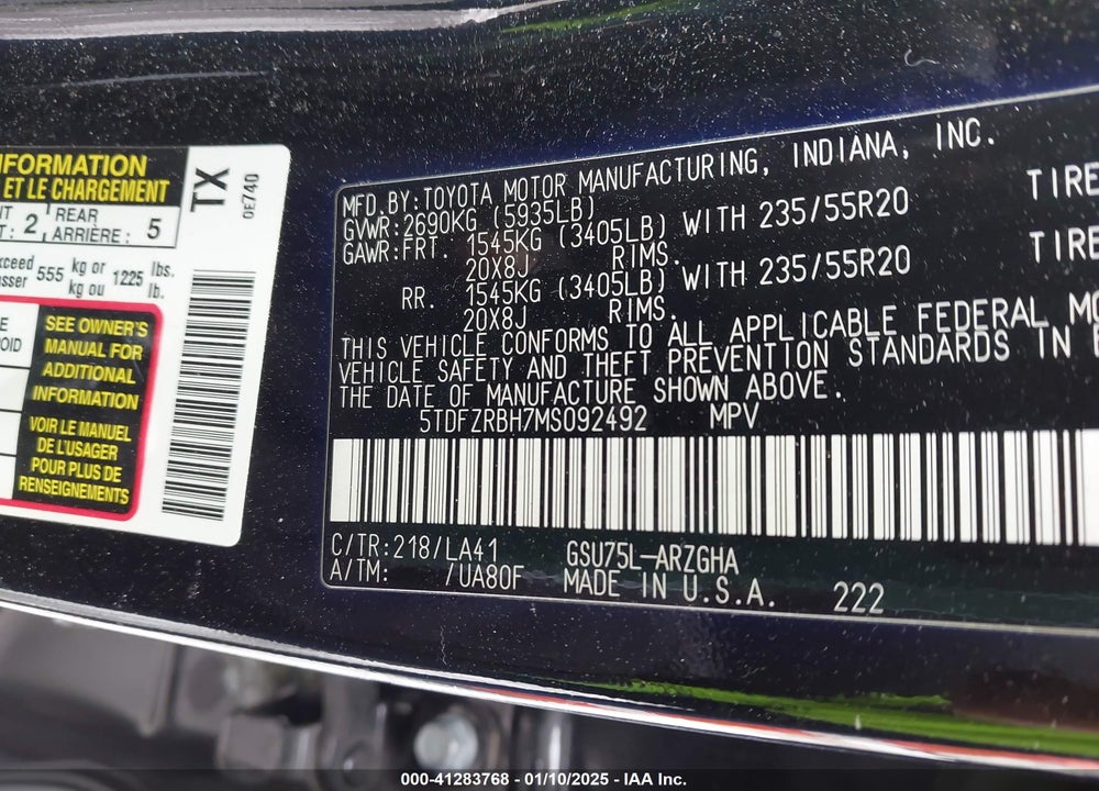 2021 TOYOTA HIGHLANDER PLATINUM VIN: 5TDFZRBH7MS092492
