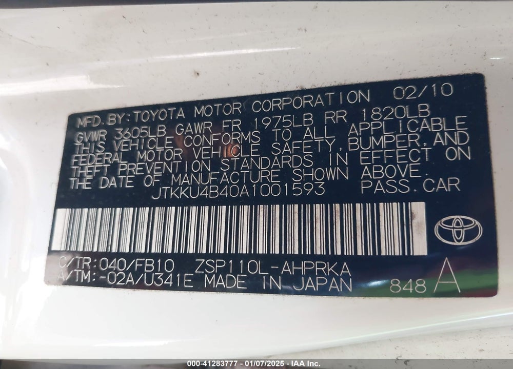 2010 SCION XD VIN: JTKKU4B40A1001593