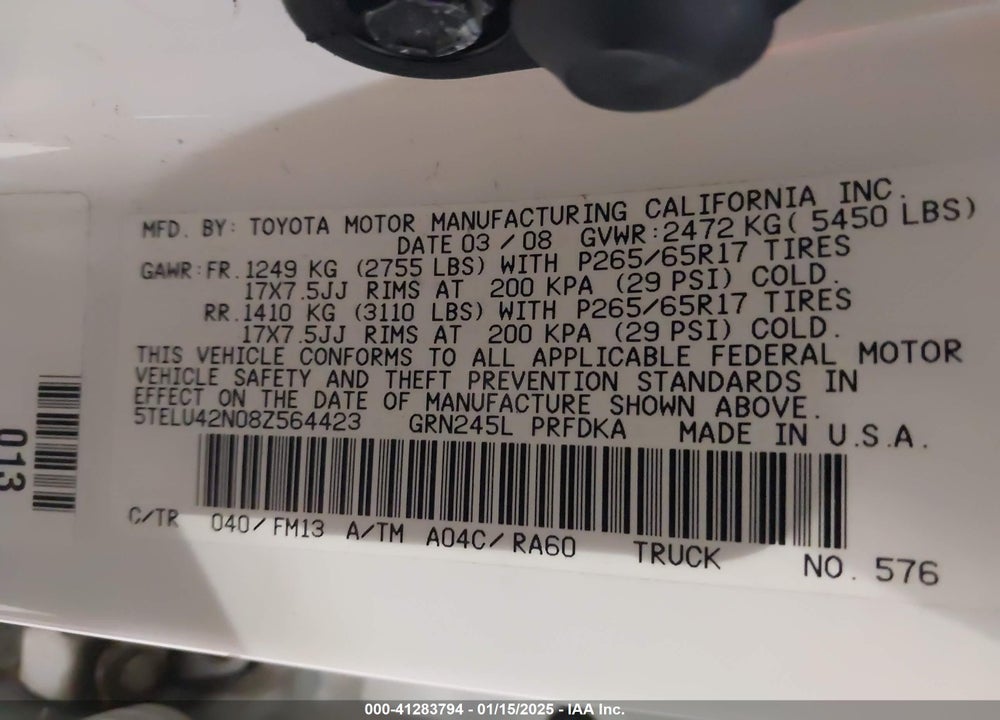 2008 TOYOTA TACOMA DOUBLE CAB VIN: 5TELU42N08Z564423