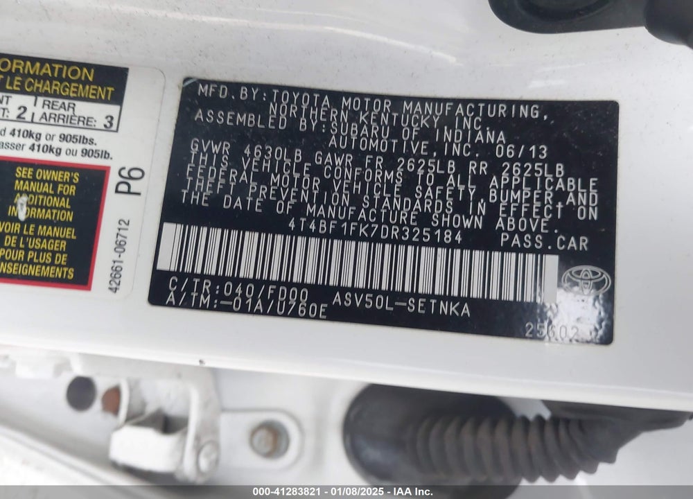 2013 TOYOTA CAMRY VIN: 4T4BF1FK7DR325184