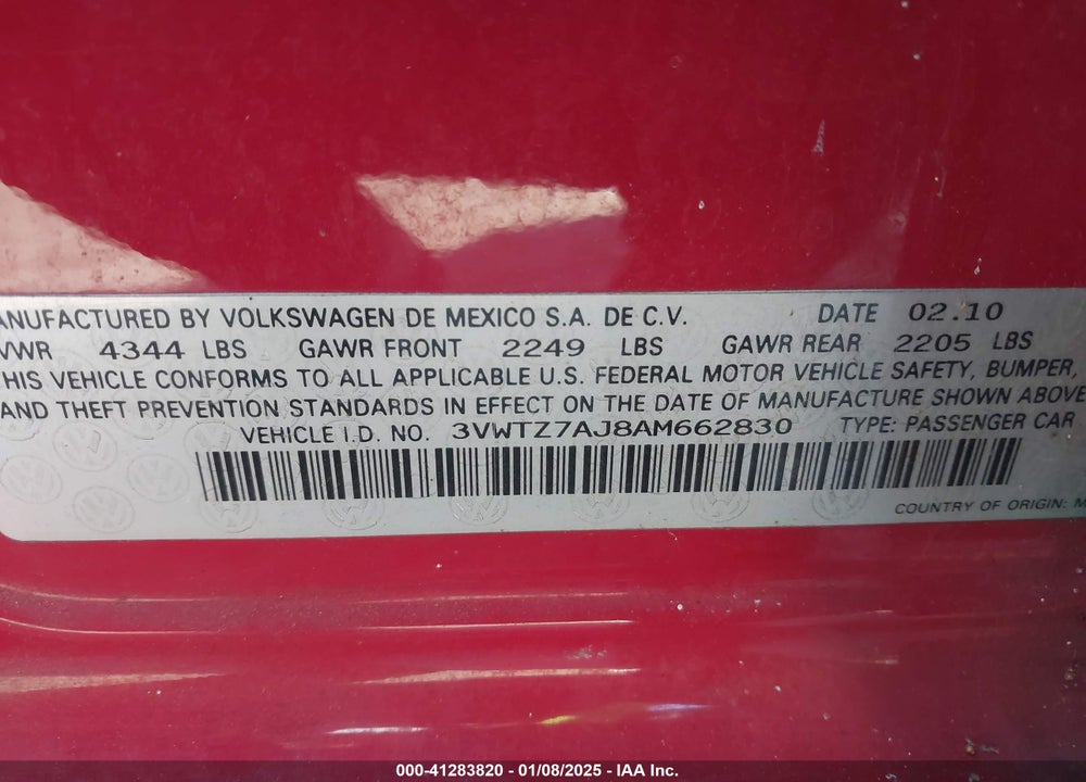 2010 VOLKSWAGEN JETTA VIN: 3VWTZ7AJ8AM662830