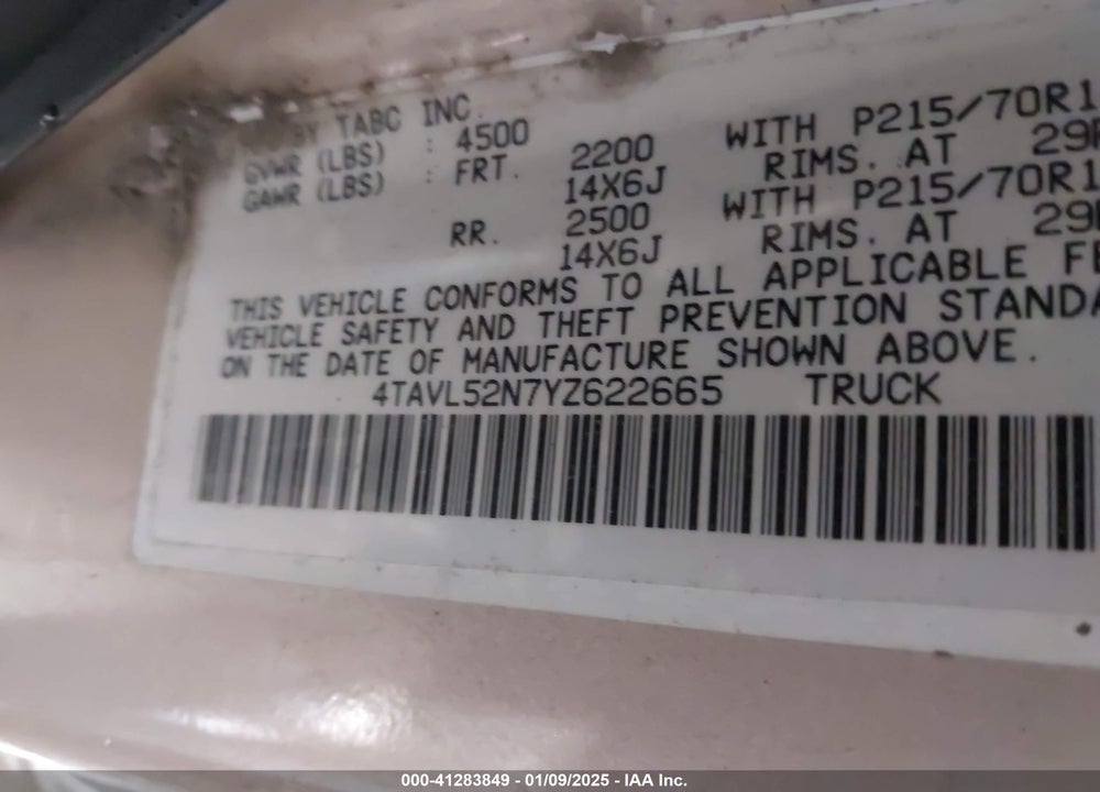 2000 TOYOTA TACOMA VIN: 4TAVL52N7YZ622665