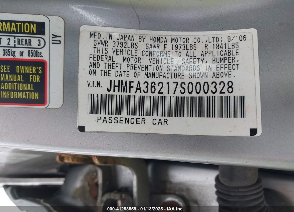 2007 HONDA CIVIC HYBRID VIN: JHMFA36217S000328