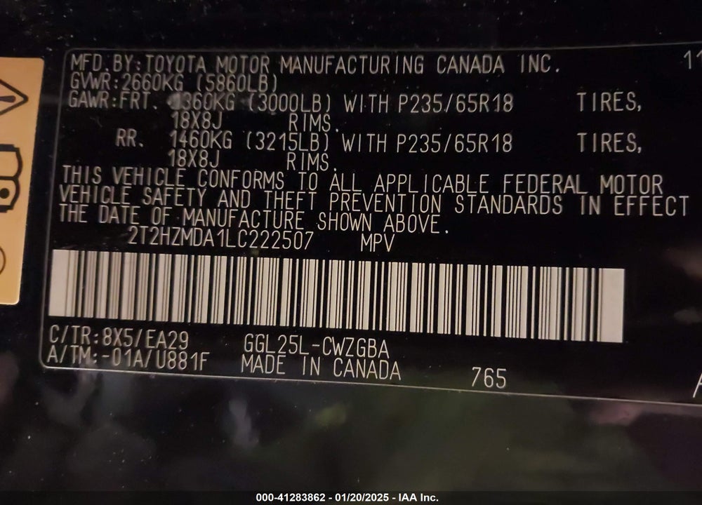 2020 LEXUS RX 350 VIN: 2T2HZMDA1LC222507