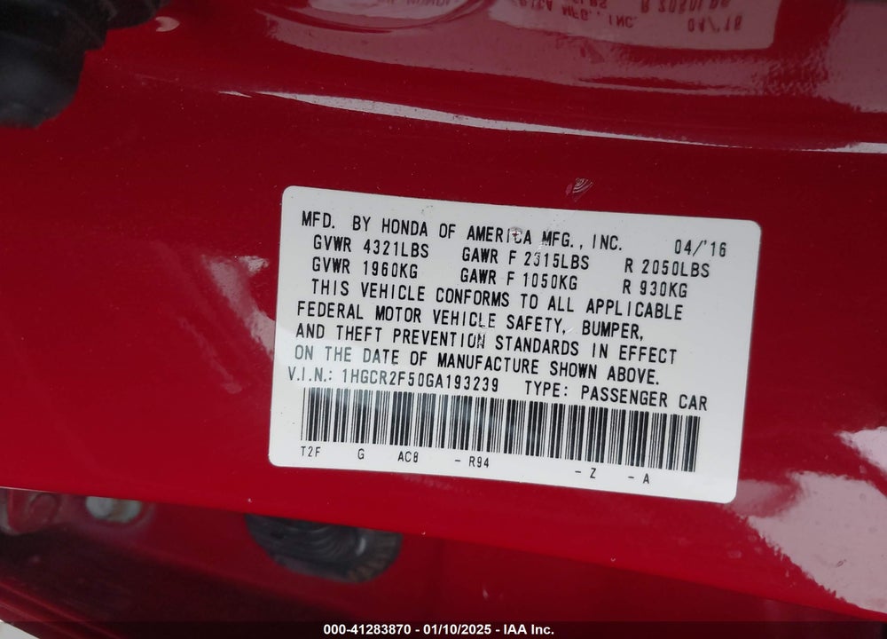 2016 HONDA ACCORD VIN: 1HGCR2F50GA193239