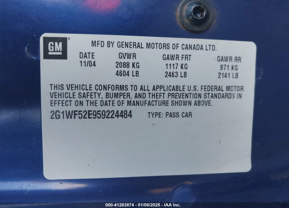 2005 CHEVROLET IMPALA VIN: 2G1WF52E959224484