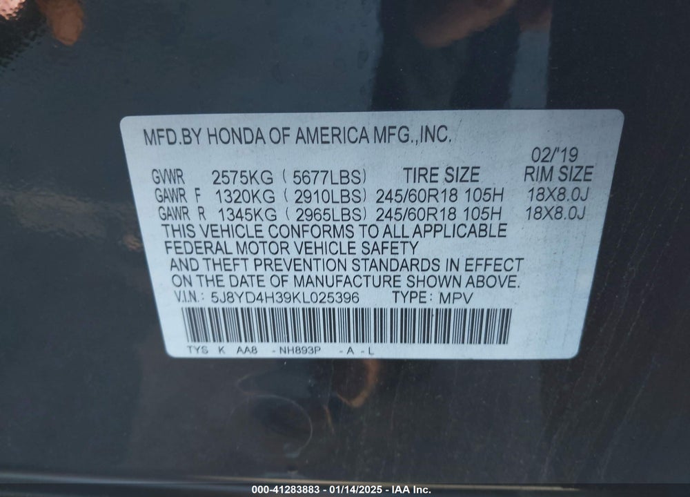 2019 ACURA MDX STANDARD VIN: 5J8YD4H39KL025396