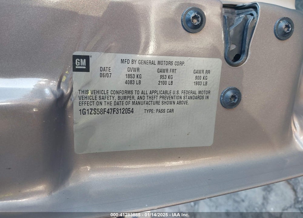 2007 CHEVROLET MALIBU VIN: 1G1ZS58F47F312054