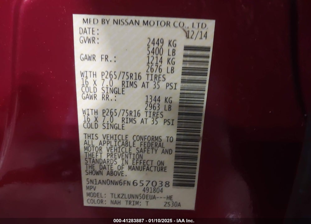 2015 NISSAN XTERRA PRO - 4X VIN: 5N1AN0NW6FN657038