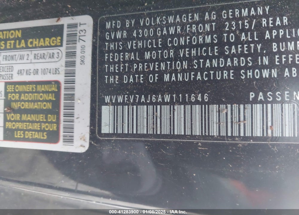 2010 VOLKSWAGEN GTI VIN: WVWFV7AJ6AW111646