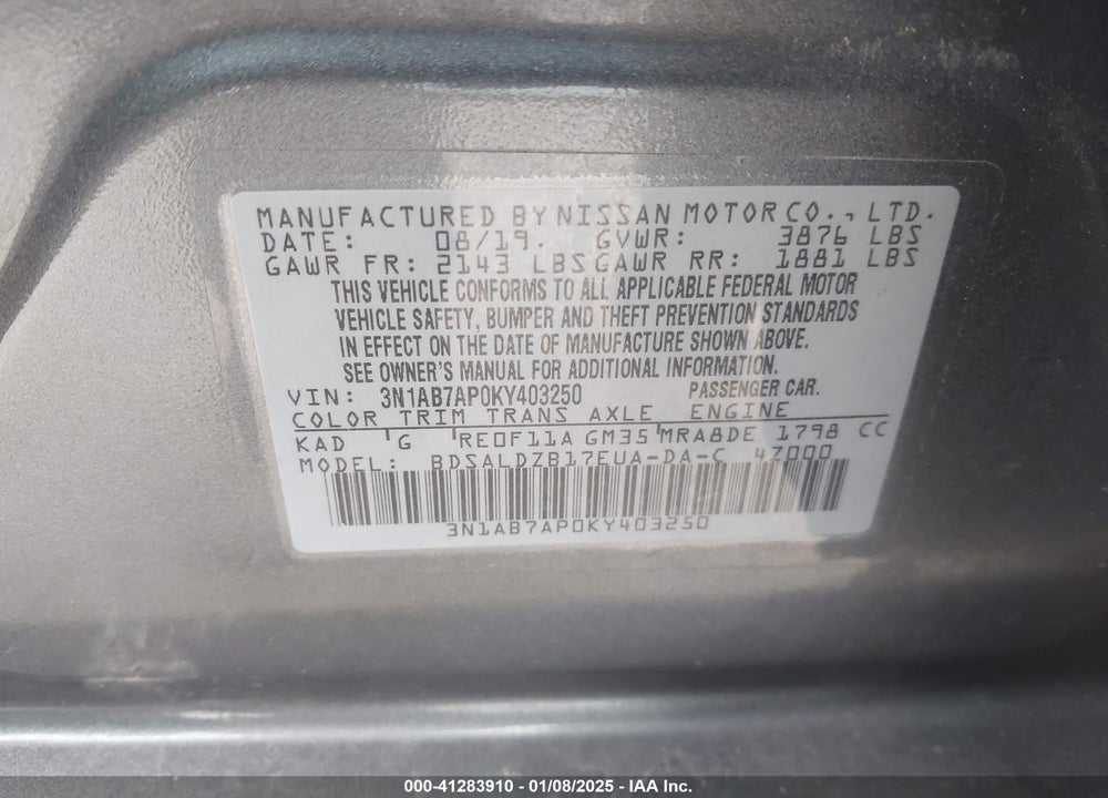 2019 NISSAN SENTRA SV VIN: 3N1AB7AP0KY403250