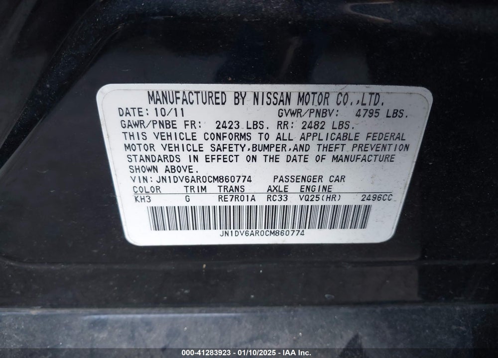 2012 INFINITI G25 X VIN: JN1DV6AR0CM860774