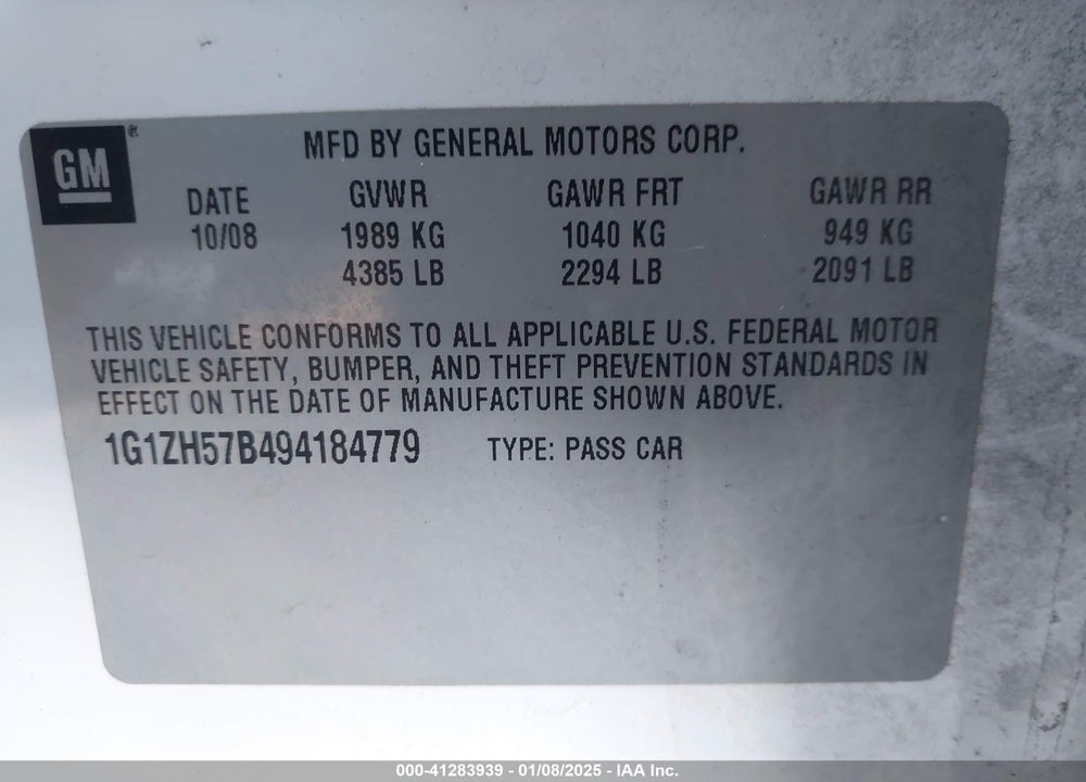 2009 CHEVROLET MALIBU VIN: 1G1ZH57B494184779
