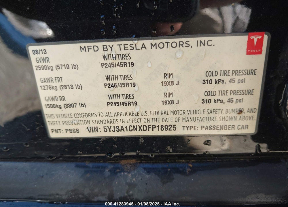 2013 TESLA MODEL S VIN: 5YJSA1CNXDFP18925