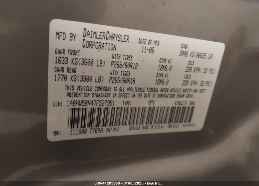 2007 CHRYSLER ASPEN LIMITED VIN: 1A8HW58N47F527991