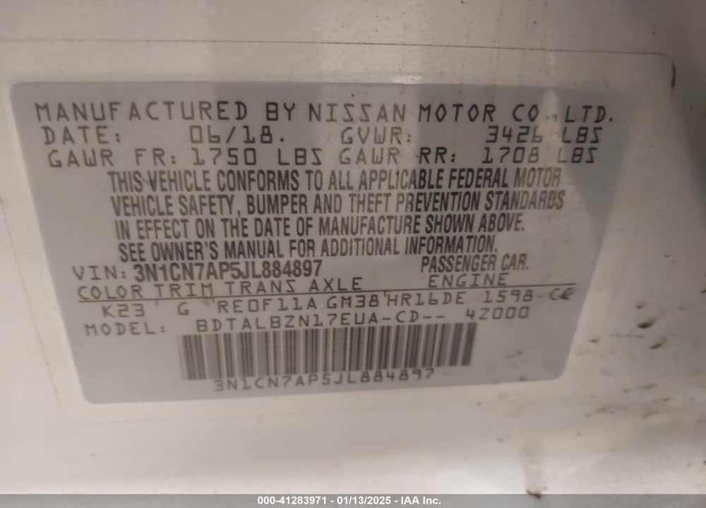 2018 NISSAN VERSA VIN: 3N1CN7AP5JL884897